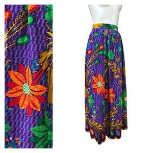 Vintage 1970s Hawaiian Neon Floral Maxi Skirt Bright Purple Boho / Women’s XS -